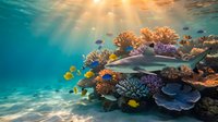 Vibrant coral reef ecosystem with tropical fish swimming among colorful corals under sunbeams filtering through crystal clear ocean water.