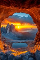 Dramatic mountain sunset viewed through natural rock arch cave opening, with small lake reflection and glowing orange light illuminating rugged peaks and clouds.