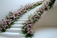 White curved staircase decorated with lush pink roses and greenery creates romantic wedding ceremony backdrop or luxury interior design element.