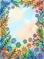 Colorful paw prints and botanical foliage frame a soft watercolor background in pastel tones, creating an isolated design perfect for pet-related projects, greeting cards, and animal-themed merchandise.