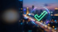 Digital verification checkmark hologram floating over blurred city skyline at dusk with glowing neon lights and futuristic technology overlay effects.