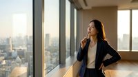 Professional Asian businesswoman in dark suit standing by office windows overlooking city skyline during golden hour, contemplating future success and career growth.