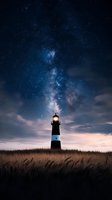 Illuminated lighthouse under dramatic night sky with glowing Milky Way galaxy and scattered stars above wheat field at dusk.