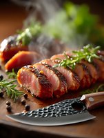 Juicy medium-rare duck breast sliced on wooden board with fresh rosemary and rising steam, showcasing gourmet cooking technique for restaurant menu.