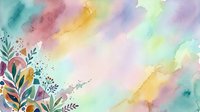 Watercolor gradient background with botanical foliage elements in soft pastel tones of pink, yellow, blue, and green, suitable for design projects and creative layouts.