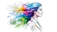 Young female scientist with colorful flowing hair merging into scientific elements, charts and molecular structures on white background.