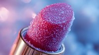 Frozen red lipstick macro shot with ice crystals and frost covering surface against blurred blue and pink bokeh background creates luxurious beauty product composition.
