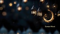 Glowing lanterns and golden crescent moon decorations against dark background create magical Ramadan atmosphere with soft bokeh lights and festive ambiance.
