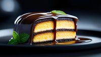 Layered orange and chocolate cake slice with dark chocolate ganache topping and mint leaf garnish on black plate, dramatic side view lighting creates appetizing glow.