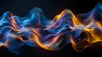 Vibrant waves of blue and orange light dancing against dark background, creating dynamic flowing smoke effect with glowing energy streams and ethereal movement.