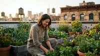Young woman tending to urban rooftop garden with city skyline backdrop during golden hour. Sustainable living and organic farming concept for modern lifestyle.