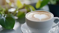 Creamy heart-shaped latte art in white ceramic cup against soft natural light, green leaves in background creating cozy morning atmosphere.