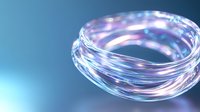 Luminous twisted glass ring with iridescent purple and blue reflections on turquoise background, abstract modern art piece showcasing transparency and light effects.