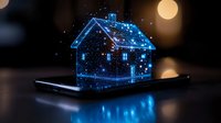 Glowing holographic house model floating above smartphone screen with sparkles and bokeh lights in dark environment, futuristic smart home concept.