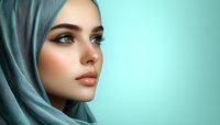 Young Middle Eastern woman wearing turquoise hijab against mint background, showcasing natural makeup and serene expression. Side profile portrait highlights feminine beauty.