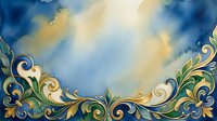 Ornate golden and blue decorative border with flourishing scrollwork and leaf motifs on watercolor background, suitable for invitations, certificates, and elegant design projects.