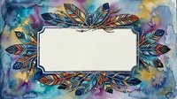 Watercolor boho frame with ornate decorated feathers on colorful abstract background, blank label for text or logo design.