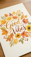 Good Vibes calligraphy surrounded by autumn leaves and flowers on textured paper for seasonal greeting cards and positive messaging designs.