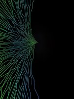 Abstract digital network lines radiating from central point in green and blue gradient on black background for technology presentations.