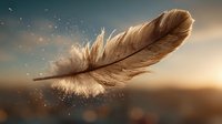Brown feather floating in golden sunset light with magical sparkling particles, creating ethereal atmosphere for spiritual and inspirational designs.