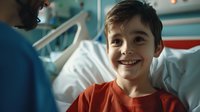 Young Caucasian boy patient in red t-shirt smiling while lying in hospital bed during medical checkup, positive healthcare experience in pediatric ward.
