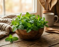 Fresh mint leaves in wooden bowl on rustic kitchen table with natural sunlight streaming through window creating warm cooking atmosphere.