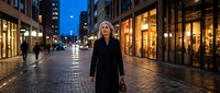 Confident blonde businesswoman walking on urban street at dusk with illuminated storefronts and city lights creating atmospheric evening scene.