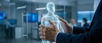 Businessman holding digital human body hologram in office environment, representing healthcare technology, medical innovation, and future digital medicine solutions.