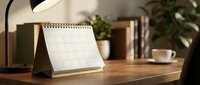 Desk calendar on wooden workspace with lamp, coffee cup and plants creating organized productive office environment for planning and scheduling.