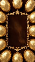 Ornate golden Easter eggs with religious crosses and roses surrounding decorative baroque frame on dark brown background for holiday greeting cards.