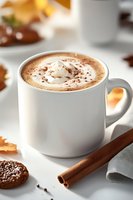 Hot chocolate topped with whipped cream and cocoa powder in white ceramic mug, with cinnamon stick and chocolate cookies on bright background.