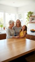 Three generations of women, including a senior Caucasian grandmother with gray hair, a middle-aged mother with brown hair wearing a striped shirt, and a young daughter in a yellow top, laughing together at a wooden kitchen table in a bright, modern home with large windows and potted plants.
