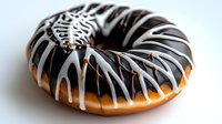 Freshly baked donut with white and dark chocolate drizzle pattern on golden brown surface, close-up view showing glossy glaze and artistic decoration.