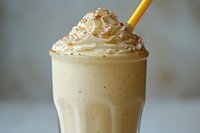 Creamy vanilla milkshake topped with whipped cream and caramel drizzle in tall glass with yellow straw, served against light background. Perfect for menu designs.