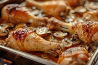 Roasted chicken drumsticks with mushrooms in honey-soy glaze on baking sheet, close up view showing caramelized skin and savory sauce. Food photography.