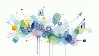 Abstract business innovation concept with lightbulb, gears, charts and growth arrows in watercolor style for corporate presentations and marketing materials.