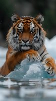 Majestic Bengal tiger swimming in icy water, close-up portrait showing intense eyes and wet fur with snow falling in dark winter environment.