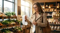Female shopkeeper with glasses holding receipt in organic grocery store with fresh produce and shelves of products behind her.