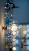 Glowing light bulb with innovation icons and brain symbol representing creative ideas, technology solutions, and business inspiration in modern office setting.