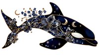 Mystical dolphin silhouette adorned with celestial flowers, moons, and stars in navy blue and gold tones, creating an enchanting marine art piece on white background.