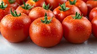Fresh ripe tomatoes with water drops on red skin and green stems arranged on light surface, macro food photography for healthy eating concept.