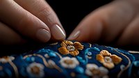 Close-up of hands working on intricate embroidery with golden flowers on blue fabric, showcasing detailed needlework craftsmanship.