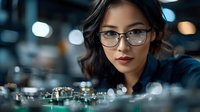 Young Asian woman engineer with glasses examining electronic circuit board in modern laboratory with focused concentration and professional expertise.