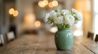 White ranunculus flowers in mint green ceramic vase on rustic wooden table with warm bokeh lights creating cozy dining room atmosphere for home decor.