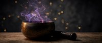 Mystical singing bowl with purple magical energy and sparkling particles rising from bronze meditation instrument on wooden surface against dark bokeh background.