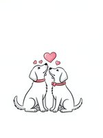 Two adorable white dogs sitting together with pink hearts floating above, expressing love and companionship on isolated white background for romantic designs.