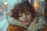 Young woman with closed eyes smiling peacefully in winter, wearing cozy sherpa collar coat against blurred city lights background.