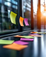 Colorful sticky notes floating against office window with sunset light, creating dynamic composition of yellow, orange and pink papers on reflective surface.