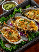Grilled oysters with melted cheese sauce and herbs served on bed of fresh lettuce, radish, and purple cabbage. Guacamole dip on side in ceramic bowl.