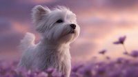 White West Highland Terrier puppy sitting in purple lavender field at sunset with butterflies, soft dreamy atmosphere creates magical pet portrait for greeting cards.